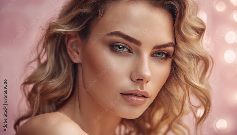 Glamour portrait of beautiful woman model with fresh daily makeup and romantic wavy hairstyle. Fashion Glamour portrait of beautiful woman model with fresh daily makeup and romantic wavy hairstyle. Fashion