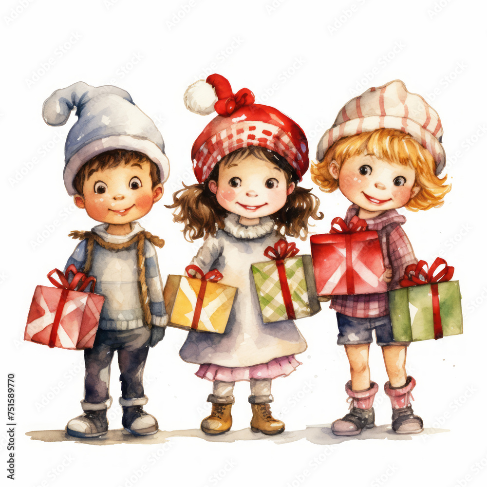 Set of cute child with gift for birthday, Christmas, New Year Created with Generative AI technology. Set of cute child with gift for birthday, Christmas, New Year Created with Generative AI technology.