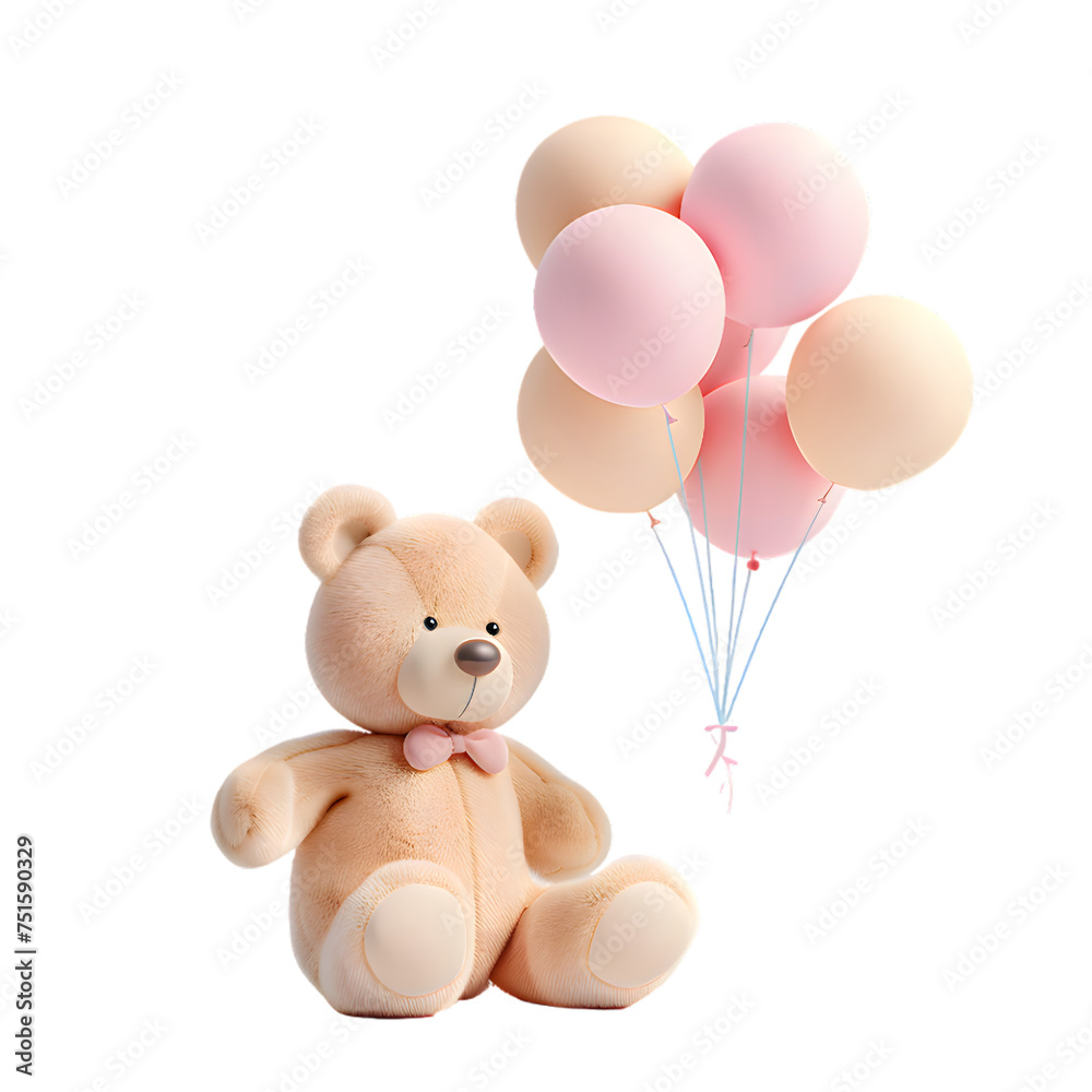 Toy Teddy bear with party balloons isolated on transparent background