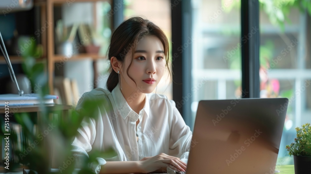 Realistic photo of a beautiful Asian woman. is enjoying her unhurried work time and keep things simple