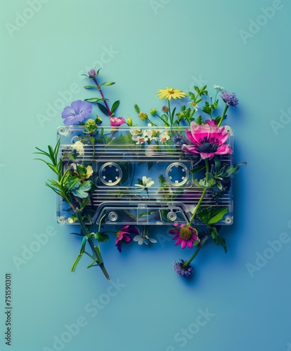 Wild flowers growing inside a vintage cassette tape. Fresh ideas, inspirational background.