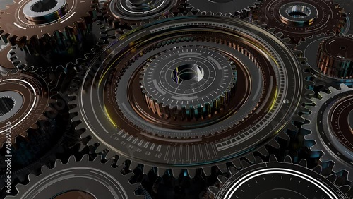 HUD cirle elements on metallic gears in a machine resembling a terrestrial plant with a circle pattern, reminiscent of an electric blue font artistry.HUD UI photo