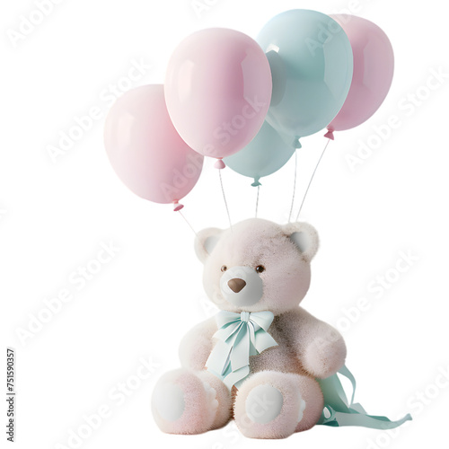Toy Teddy bear with party balloons isolated on transparent background