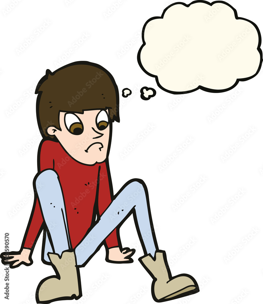 cartoon boy sitting on floor with thought bubble cartoon boy sitting on floor with thought bubble