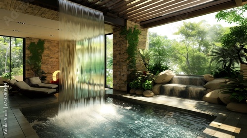 A peaceful and serene luxury spa design showcasing an indoor waterfall feature surrounded by lush greenery and relaxing lounge chairs