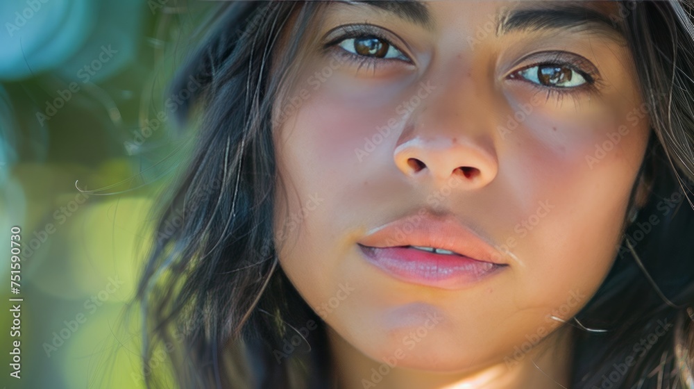 Woman, serious and portrait in a closeup with thinking in the outdoor with an idea in mexico. Face, female person and beauty with focus and calm with vision, eye and skin with concentration for goal.