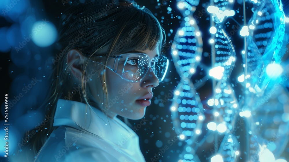 Scientist woman with dna hologram. biotechnology concept. Scientist woman with dna hologram. biotechnology concept.