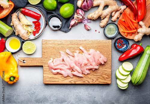 Food and cooking background. Wooden cutting board with chopped chicken slices. Paprika, zucchini, vegetables, spices and ingredients for cooking Asian dishes with ginger, garlic, soy sauce, top view