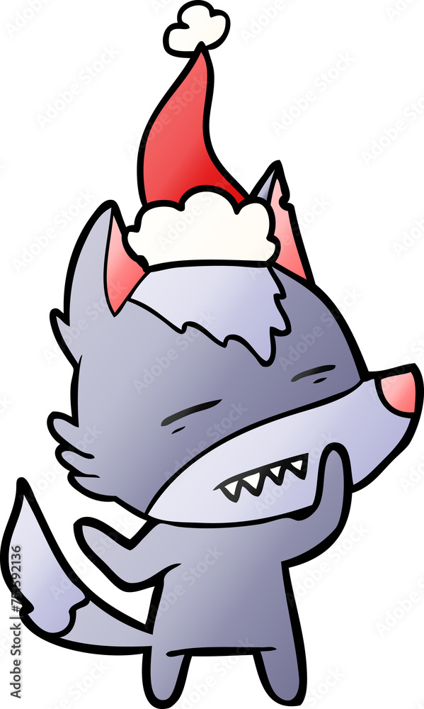gradient cartoon of a wolf showing teeth wearing santa hat gradient cartoon of a wolf showing teeth wearing santa hat