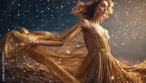 Gold Fashion Model Dress, Woman In Golden Silk Gown Flowing Fabric, Beautiful Girl on Stars Sky