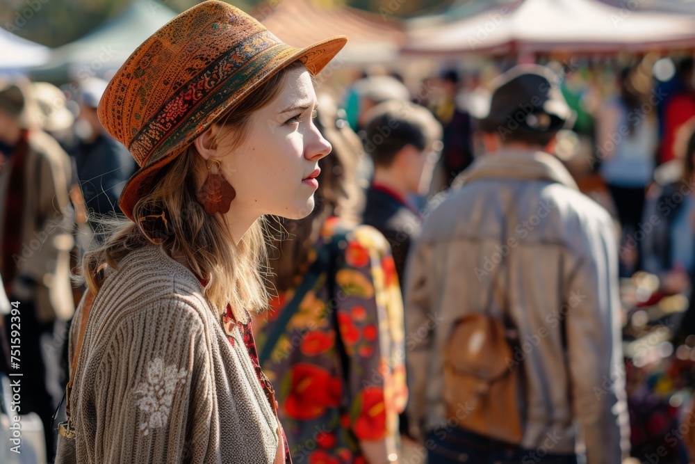 A woman in a stylish hat glances vigilantly amidst the vibrant bustle of an outdoor market.