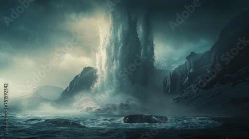 The raw power of nature depicted in a dramatic waterfall cascading down under a tempestuous and moody sky © Nena Ai