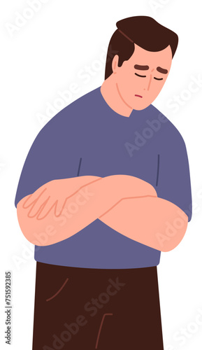 A male with his arms crossed. The sad man bowed his face. An jobless person is at a loss. Images are isolated on white.