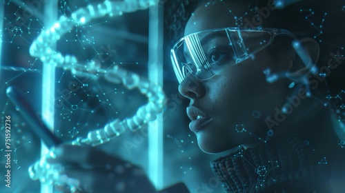 African scientist woman with dna hologram. biotechnology concept.