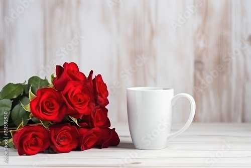 White mug next to a bouquet of red roses on a wooden table.