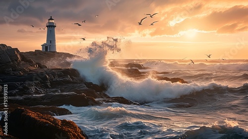 Golden Hour Scenery of Lighthouse Amidst Soaring Birds and Ocean Waves at Rocky Coast