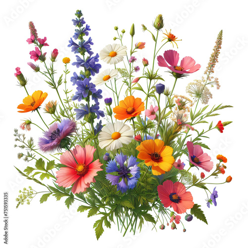 Bouquet of different flowers on a white background. AI generated image.
