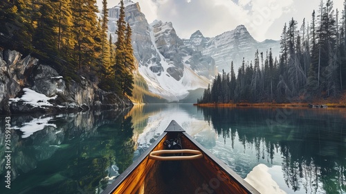 Peaceful Canoe Trip in Pristine Lake Reflecting Snowy Mountains and Dense Forests