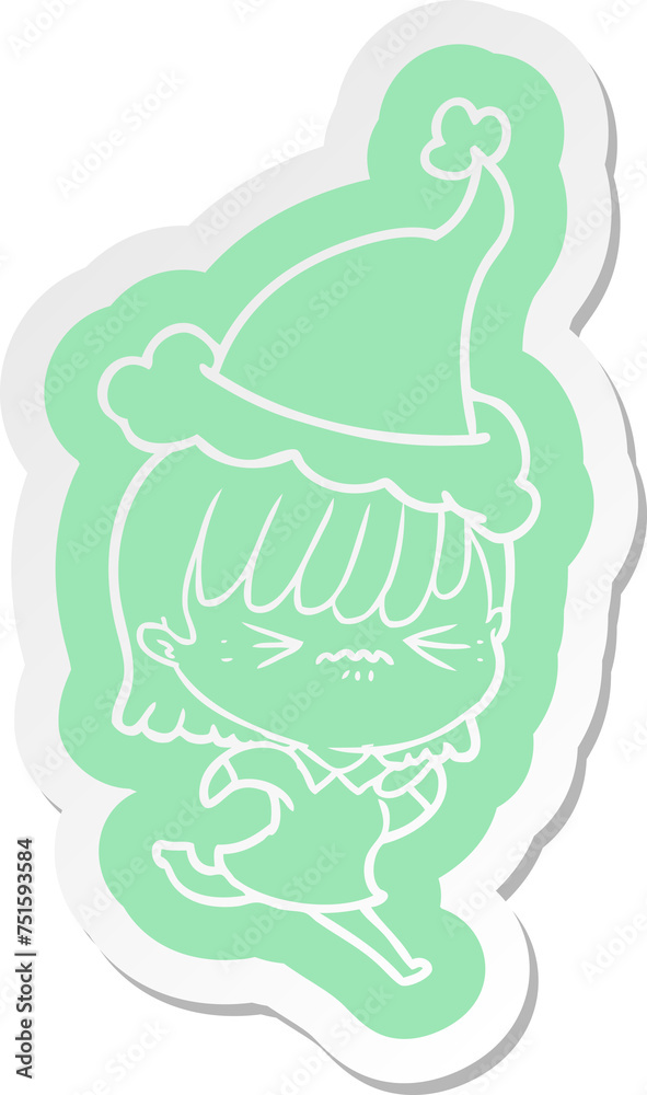 annoyed cartoon sticker of a girl wearing santa hat annoyed cartoon sticker of a girl wearing santa hat