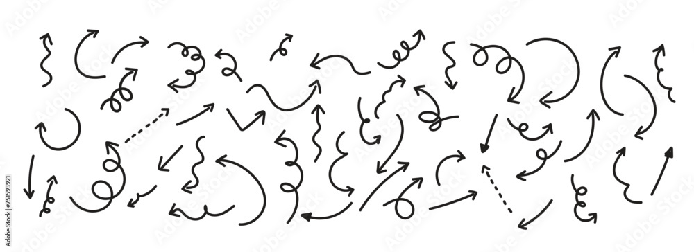 Set of hand drawn black arrow sign or symbol element doodle design. Vector illustration. - obrazy, fototapety, plakaty 