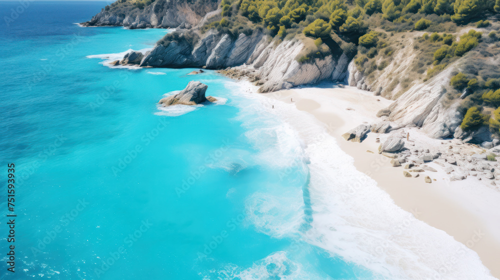 White sand beach of Mediterranean shoreline. Green grass covered cliff washed by the turquoise transparent sea water. Beauty of wild untouched environment. Breathtaking landscape.