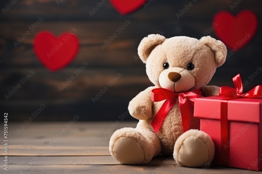 Obraz premium Toy bear with red gift on a rustic backdrop.