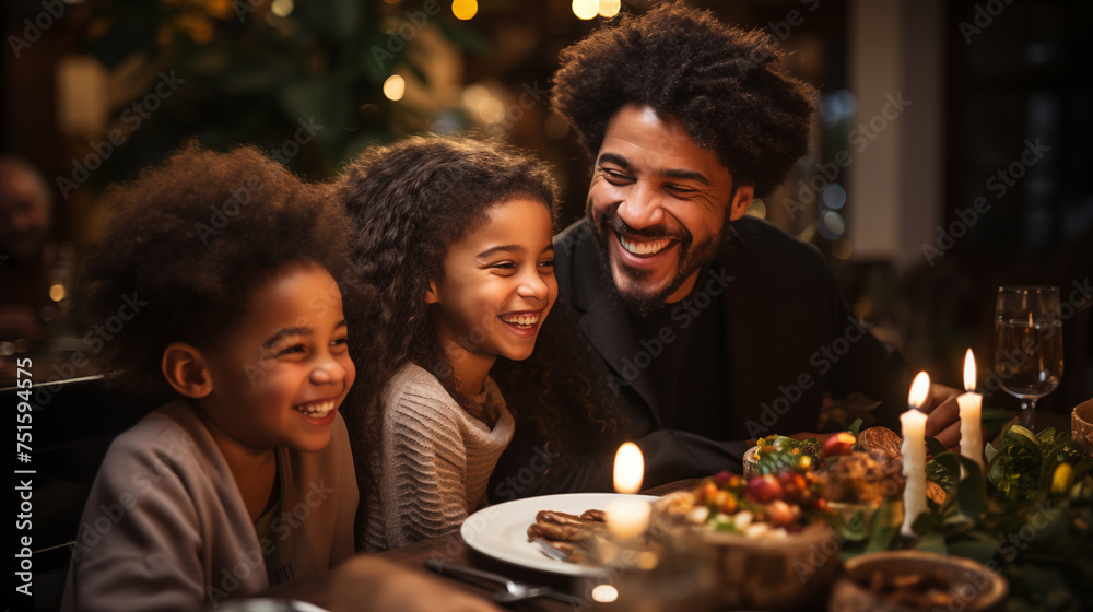 Happy family enjoying a festive dinner with candles, sharing a joyful moment together. Happy family enjoying a festive dinner with candles, sharing a joyful moment together.