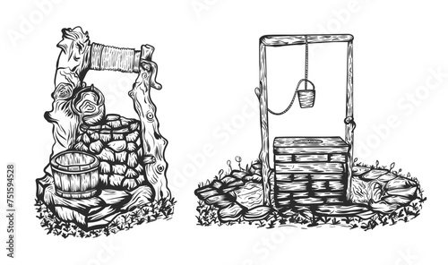 Rustic stone well with bucket and drinking water vintage hand drawn vector illustration photo