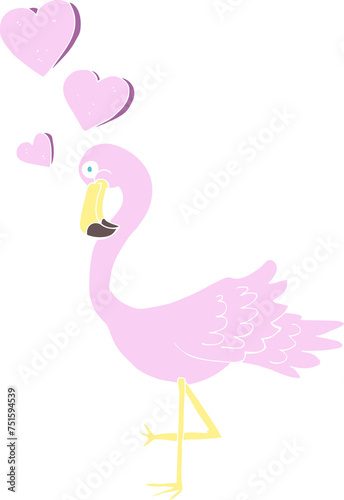 flat color illustration of a cartoon flamingo in love