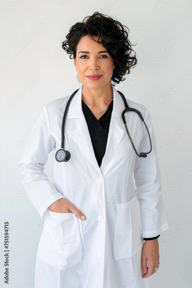 Embrace the expertise of a mature female doctor in her 40s, portrayed in a professional photograph wearing a pristine white coat, positioned confidently against a simple white backdrop Embrace the expertise of a mature female doctor in her 40s, portrayed in a professional photograph wearing a pristine white coat, positioned confidently against a simple white backdrop