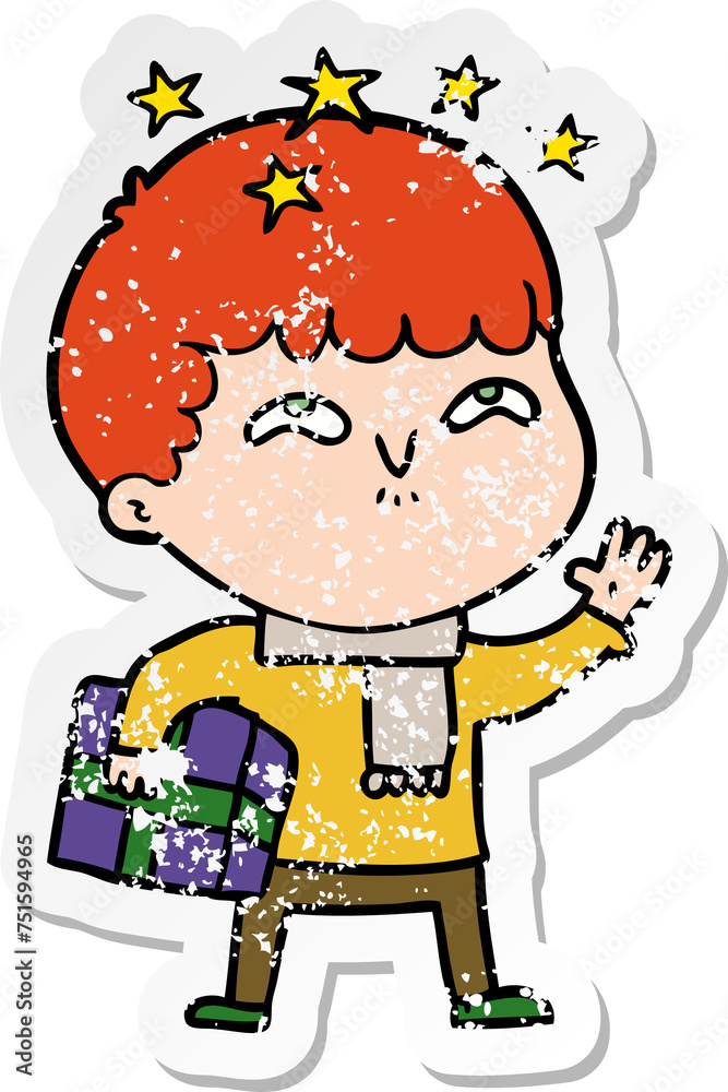 distressed sticker of a cartoon amazed boy