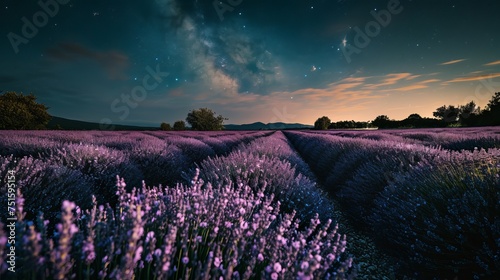 Celestial Night Over Blooming Lavender Fields: Capturing the Tranquil Beauty of Nature