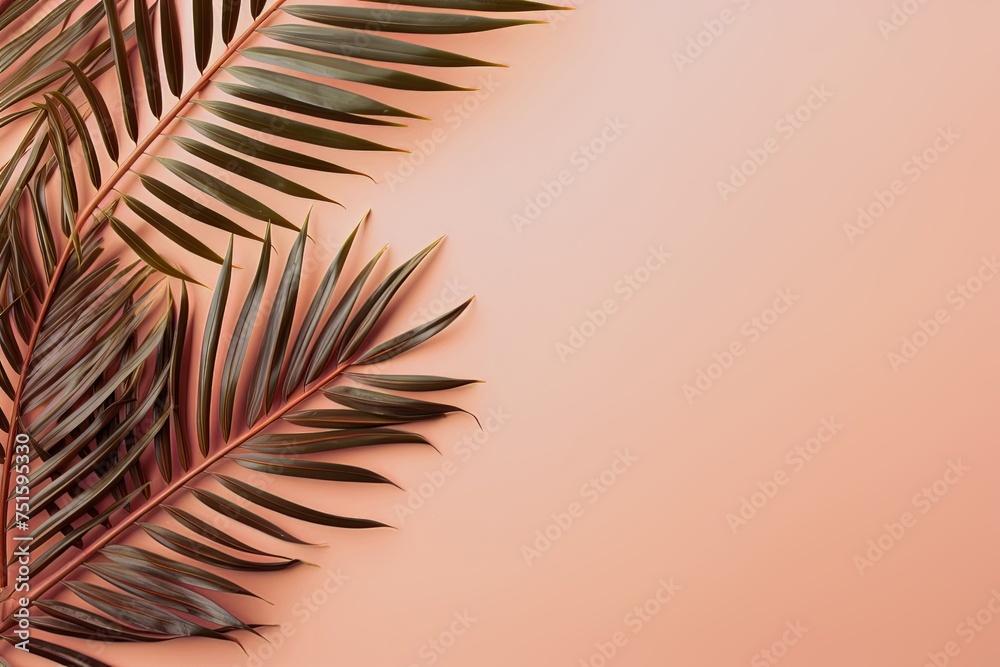 tropical palm leaves frame on peach background top view, beautiful floral template with copy space