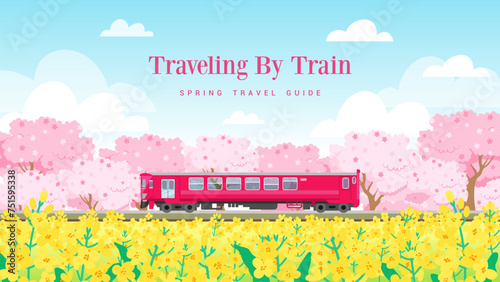 Traveling by train, Spring travel guide vector illustration. Cherry blossom and Canola field