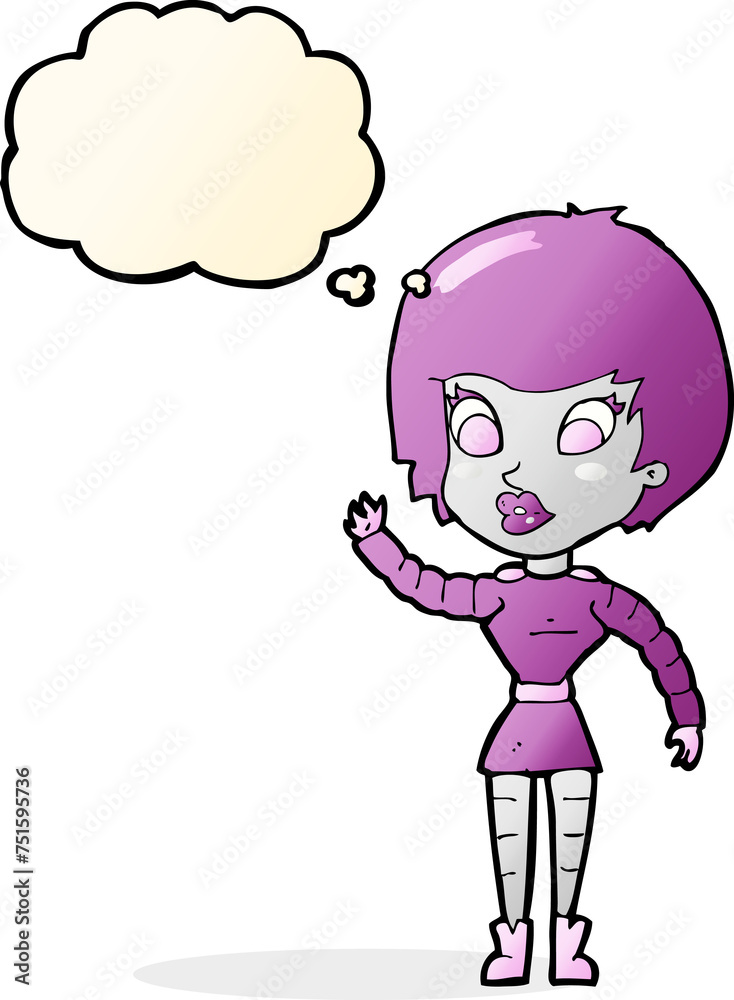 cartoon robot woman waving with thought bubble cartoon robot woman waving with thought bubble