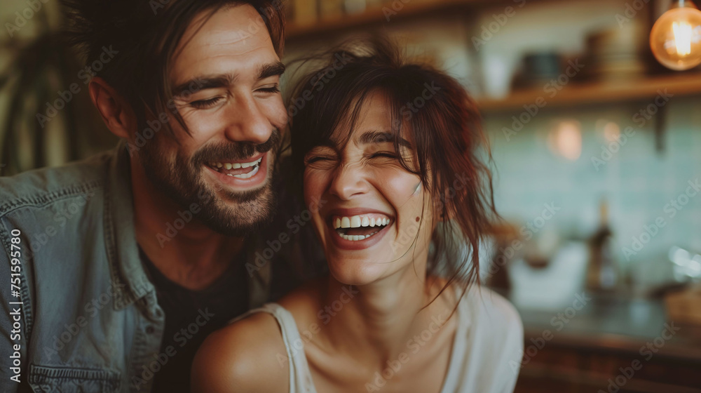 Happy couple laughing together in a cozy, dimly lit room, exuding warmth and affection. Happy couple laughing together in a cozy, dimly lit room, exuding warmth and affection.