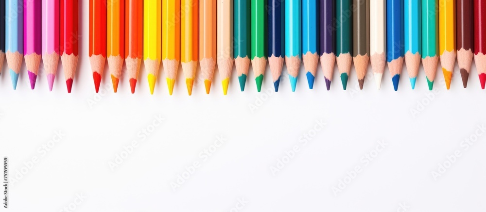Multiple colorful pencils neatly lined up on a clean white surface, creating a visually appealing pattern. The pencils are arranged in a row, showcasing their vibrant hues and sharp tips, ready for Multiple colorful pencils neatly lined up on a clean white surface, creating a visually appealing pattern. The pencils are arranged in a row, showcasing their vibrant hues and sharp tips, ready for
