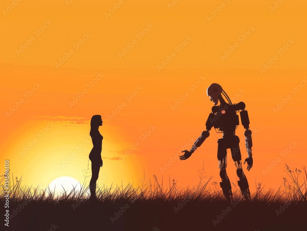 In the glow of an orange dawn a robot and human handshake signifying the start of a new era of cooperation