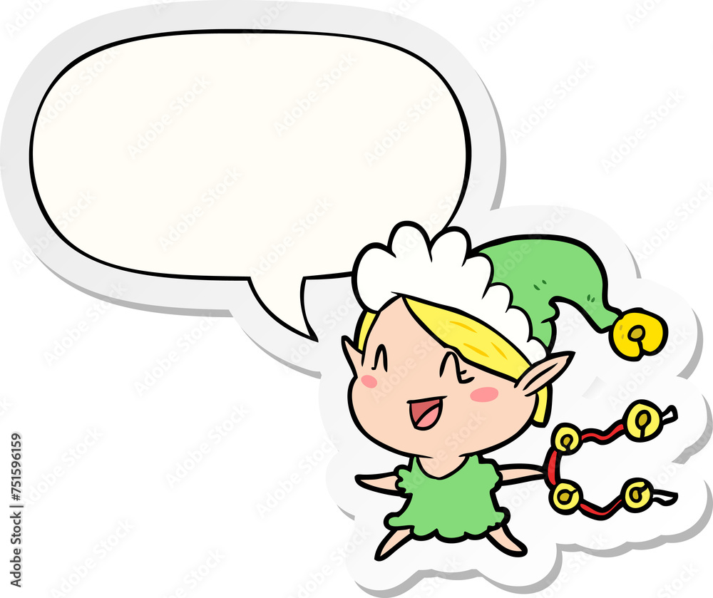 cartoon happy christmas elf and speech bubble sticker cartoon happy christmas elf and speech bubble sticker