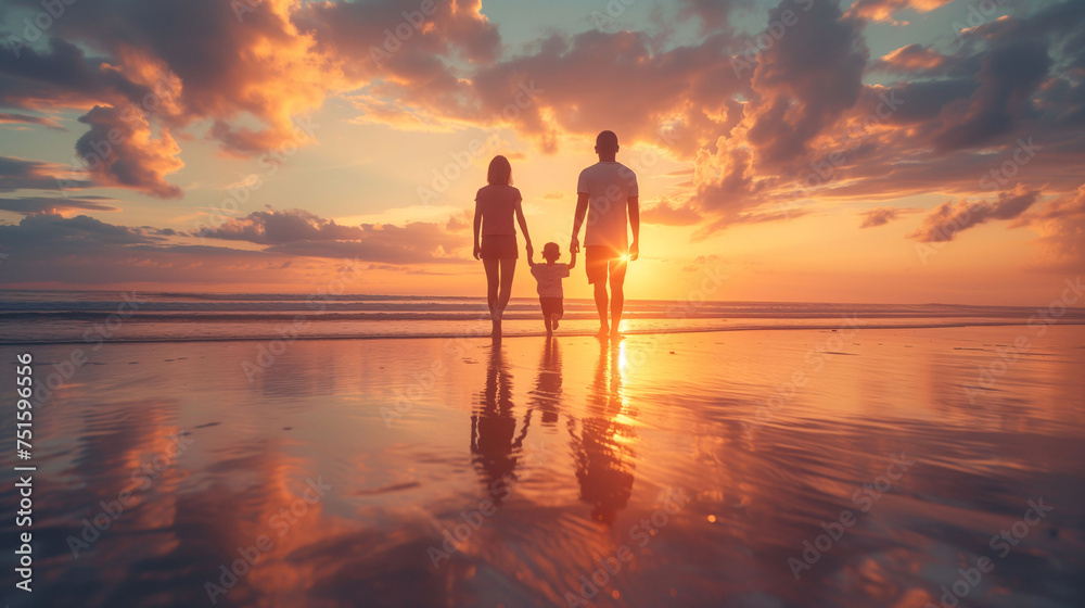 Fototapeta premium Silhouette of family holding hands and walking into the sunset on the ocean