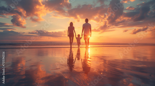 Silhouette of family holding hands and walking into the sunset on the ocean