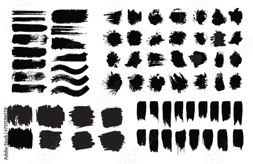 Set of splashes  blots. Black inked splatter dirt stain splattered spray splash with drops blots isolated. Inky blots in urban street style  blobs or stripes. Isolated vector illustration