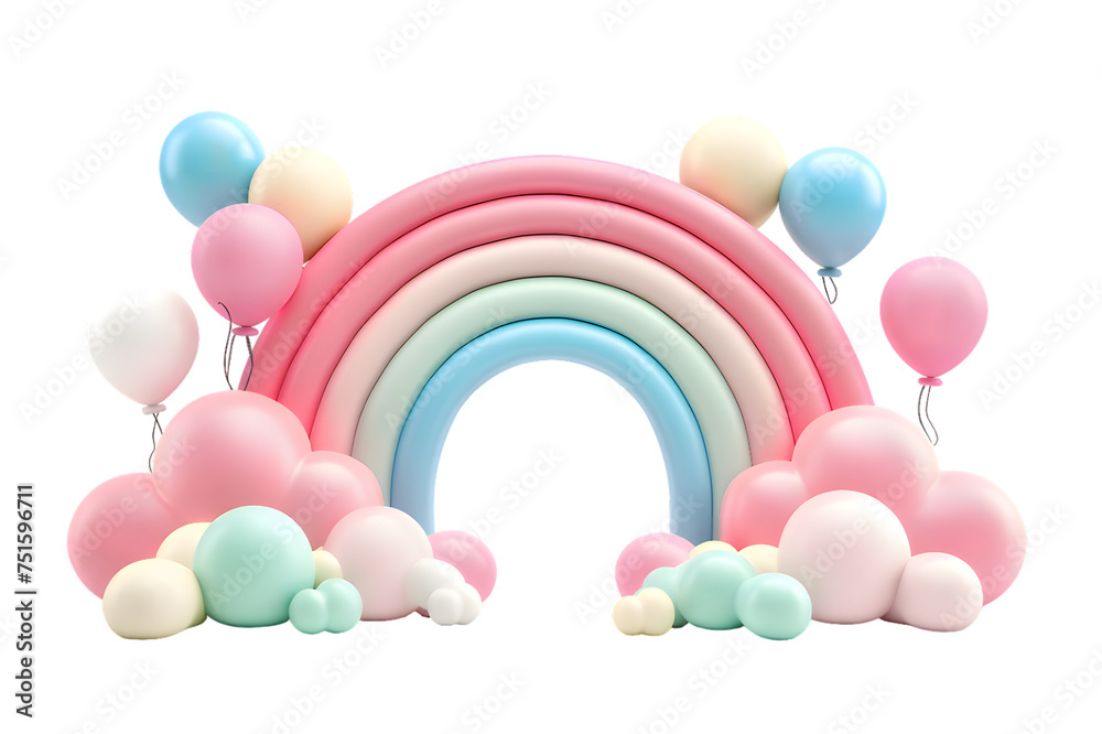 3D Colorful rainbow clouds and Birthday balloons arc podium isolated on transparent background 3D Colorful rainbow clouds and Birthday balloons arc podium isolated on transparent background