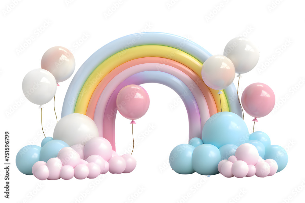3D Colorful rainbow clouds and Birthday balloons arc podium isolated on transparent background 3D Colorful rainbow clouds and Birthday balloons arc podium isolated on transparent background