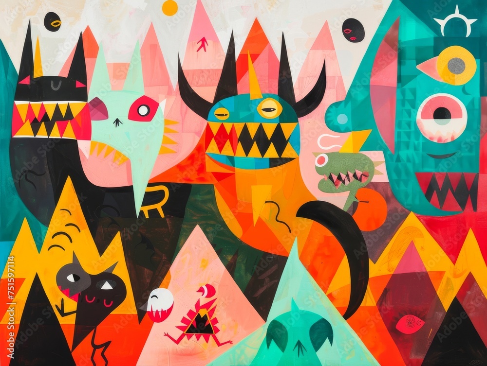 Whimsical geometric inferno adorable devils amidst playful shapes