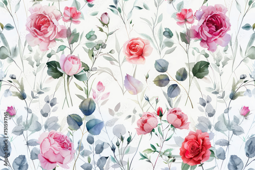 Fototapeta premium Floral watercolor pattern with garden flowers roses, wildflowers, leaves, branches. Botanical tile, background.