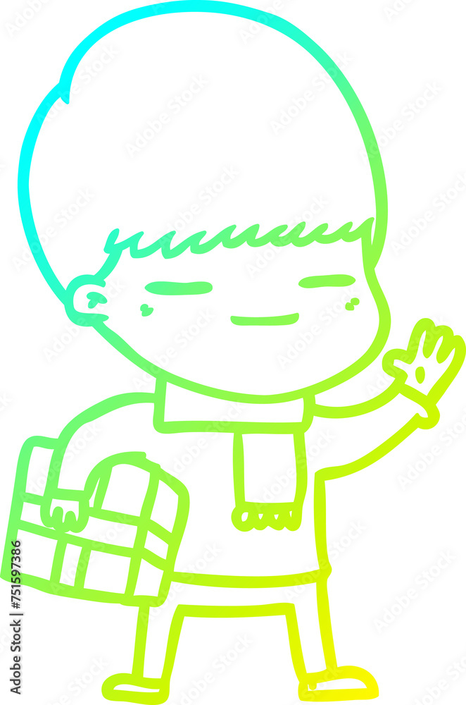 cold gradient line drawing cartoon smug boy carrying present