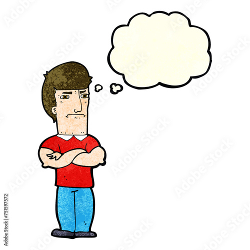 cartoon annoyed man with folded arms with thought bubble