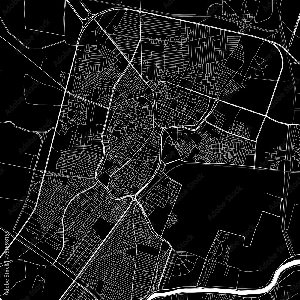 Map of El Mahalla El Kubra, Egypt. Black and white city map, metropolitan area border.