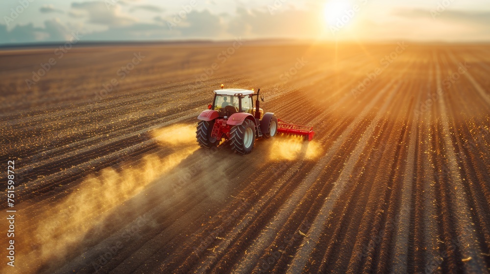 Tractor fertilizes a cultivated agricultural field from the air. - obrazy, fototapety, plakaty 